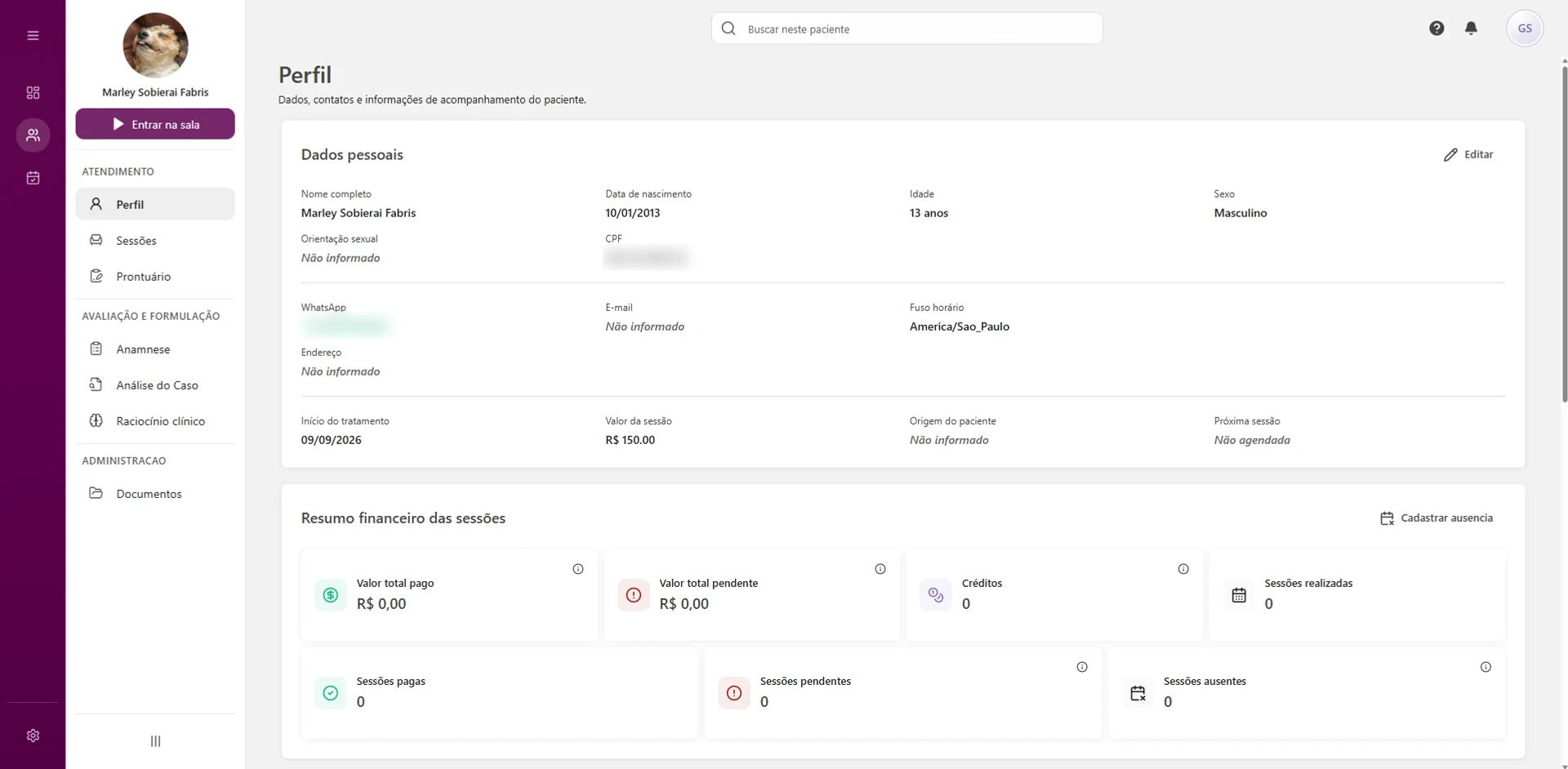 Resumo financeiro real com pagamentos, pendências, créditos e sessões.